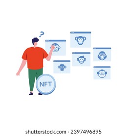 NFT concept. People creating buying and working with crypto art. Non-fungible token auction. Unique masterpieces markets. Persons paying for artworks with phones.