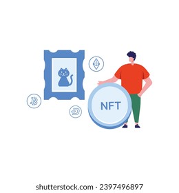 NFT concept. People creating buying and working with crypto art. Non-fungible token auction. Unique masterpieces markets. Persons paying for artworks with phones.