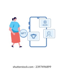 NFT concept. People creating buying and working with crypto art. Non-fungible token auction. Unique masterpieces markets. Persons paying for artworks with phones.