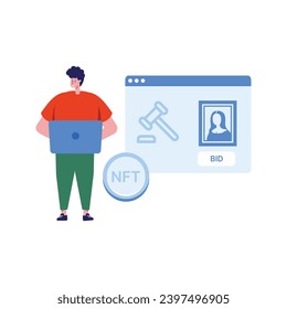 NFT concept. People creating buying and working with crypto art. Non-fungible token auction. Unique masterpieces markets. Persons paying for artworks with phones.
