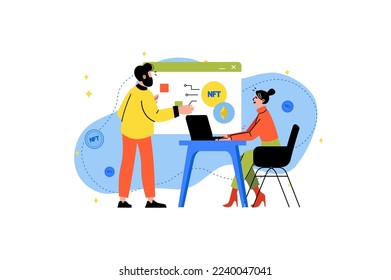 NFT concept with people scene in the flat cartoon design. Two smart people learn all subtleties of NFT-business. Vector illustration.