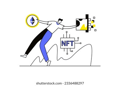 Concepto de NFT con la escena de la gente en el estilo de dibujo plano. El tipo se dedica a negocios de NFT. Ilustración vectorial.