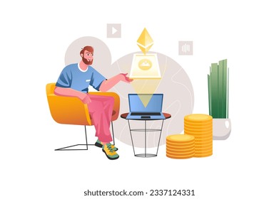 NFT concept with people scene in the flat cartoon style. A man earns money with the help of NFT business. Vector illustration.