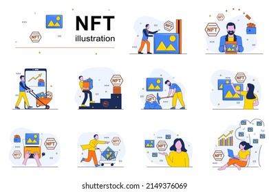 NFT concept with people scenes set in flat design. Men and women creating artworks with non-fungible token for auction, selling and buying art. Vector illustration visual stories collection for web