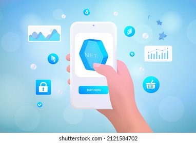 NFT concept vector illustration. The drawn hand holds a smartphone with nft-marketplace based on blockchain technology, on the screen NFT non-fungible token with button to buy etherium cryptocurrency