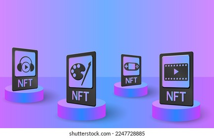 NFT, concept vector illustration of non-fungible tokens. NFT card on podium for banner, poster, website, landing page, advertisement.