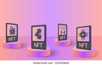 NFT, concept vector illustration of non-fungible tokens. NFT card on podium for banner, poster, website, landing page, advertisement.