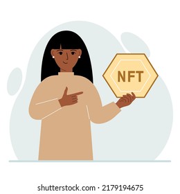 NFT concept. The woman is holding nft in his hand. Works of art using non-fungible tokens for auctions, sale and purchase of works of art. Vector flat illustration