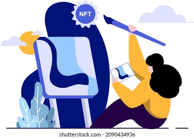 NFT Create Art flat Illustration NFT Non Fungible Token concept blue, yellow, green color, Hand Drawn style , perfect for ui ux design, stationery, branding projects, logo, social media post