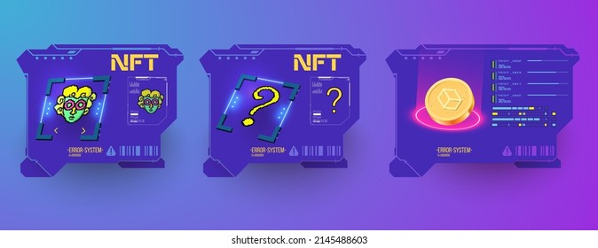 NFT creation. Futuristic frame with picture and nonfungible token icons. Buying NFT pictures, neon psychedelic guy character. NFT (kit) token in blockchain technology in digital cryptoart.