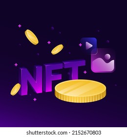 NFT Creative Illustration. Violet Background, Golden Coins. Vector illustration
