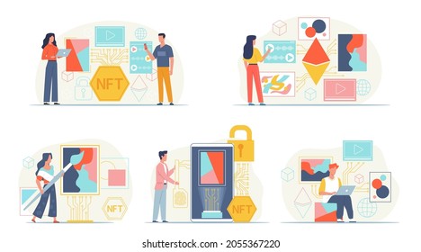 NFT crypto art. Internet artists marketplace. Culture innovation. Cryptography auction. Non-fungible token symbols collectors. People sell digital paintings. Vector masterpiece trade set