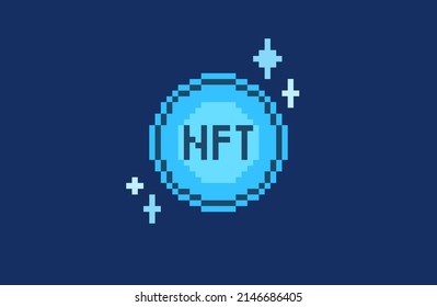 NFT crypto coin pixel design. Non fungible token, 8bit icon of blue color. Crypto currency artwork and assets, proof of own concept.