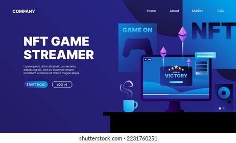 NFT Crypto Games Landing Page Concept. NFT Game streamer. Vector illustration