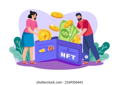 NFT Crypto Illustration Konzept. Flache Illustration einzeln auf weißem Hintergrund