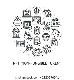 Nft Crypto Sign Round Design Template Thin Line Black Icon Banner for Promotion, Marketing and Advertising. Vector illustration of Non Fungible Token