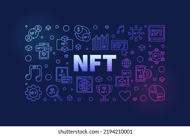 NFT Cryptocurrency and Blockchain concept colored horizontal banner. Non-Fungible Token Technology vector thin line illustration on dark background