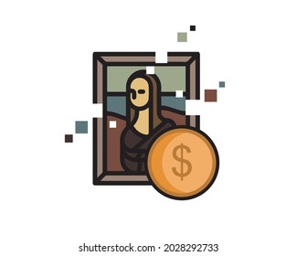 NFT cryptocurrency, crypto art, digital art, mona lisa, currency, dollars, coin, non fungible token icon, vector, art concept