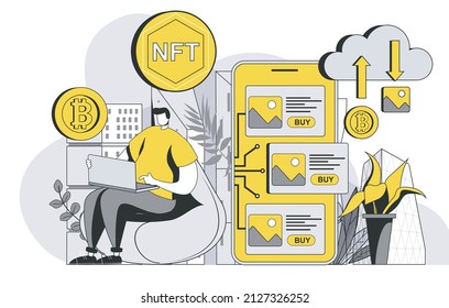 NFT cryptocurrency technology concept with outline people scene. Man buying collectible artwork with non fungible token for cryptocurrency. Vector illustration in flat line design for web template