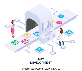 NFT development concept. People in front of the conveyor turn images into digital non-fungible tokens. Vector illustration in isometric style on white background 