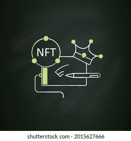 NFT digital art chalk icon.Arts with non fungible token coins. Selling.Represent digital files. Used to commodify digital creations. Cryptocurrency concept. Isolated vector illustration on chalkboard