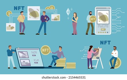 nft. Digital art crypto token virtual protocol artist app for financial trade and investment KW vector pictures