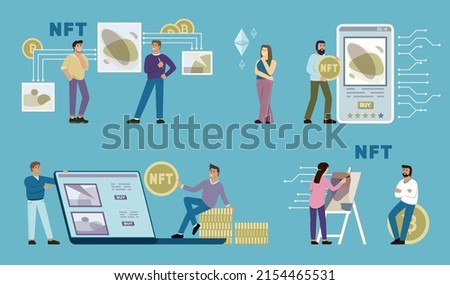 nft. Digital art crypto token virtual protocol artist app for financial trade and investment KW vector pictures