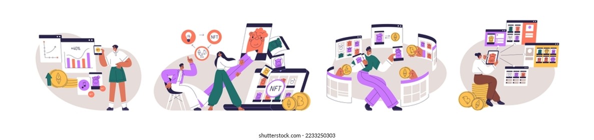 NFT, digital art market concept. Virtual business, trade with non-fungible tokens, blockchains. Artists and electronic cryptographic artworks. Flat vector illustrations isolated on white background