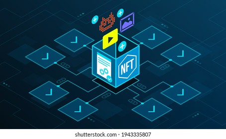 Obra de arte digital NFT y código en la cadena de bloques, concepto de tokens no fungibles