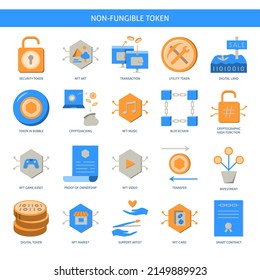 NFT And Digital Assets Icon Set In Flat Style. Virtual Property, Smart Contracts And Cryptocurrency Symbols. Vector Illustration.