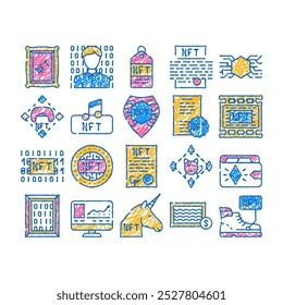 nft digital technology doodle icons set vector. sketch line art nft cryptocurrency coin and blockchain, payment for games and buying goods on auction color illustrations