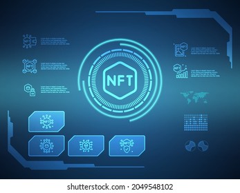 nft digital technology futuristic hud display background with nft icons vector illustration