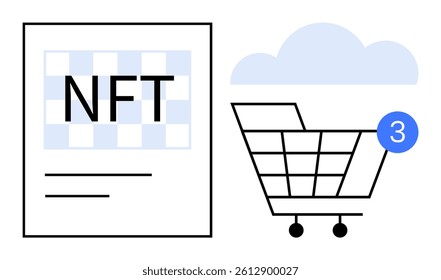 NFT document and digitized shopping cart with notification bubble, set against cloud icon. Ideal for e-commerce, digital marketing, retail, blockchain technology, cryptocurrency, virtual goods