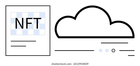 NFT document next to a cloud icon with lines symbolizing data transfer. Ideal for digital assets, NFT storage, blockchain technology, online security, tech innovation, data management, cloud