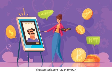 NFT flat colored background with female character painting picture and bitcoin icons around her vector illustration