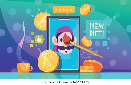 NFT flat colorful design concept with crypto artwork on smartphone screen and bitcoin icons vector illustration