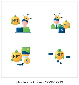 NFT flat icons set. Non fungible tokens artist, buyer.Unique digital assets. Digitalization concept. 3d vector illustrations