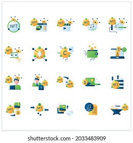 NFT flat icons set. Non fungible token. Unique digital assets. Assets exist in their own cryptosystems. 3d vector illustrations