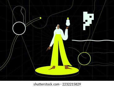 NFT. Flat vector illustration with woman creating digital picture. Concept of future innovations.