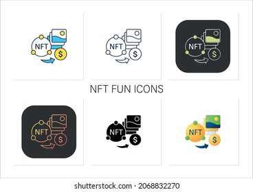 NFT lustige Symbole gesetzt. Verkauf digitaler Künste. Erhalten von Geld für den Verkauf geistiges Eigentum.Digitalisierung Konzept. Sammlung von Symbolen in linearen, gefüllten Farbstilen.Einzelne Vektorgrafiken