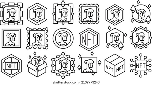 NFT Gallery line icon set. Apes NFT pictogram collection.