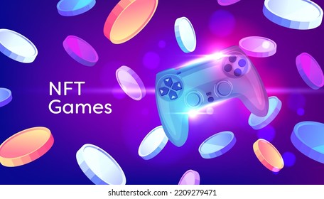 NFT Games Console. Game controller with Tokens crypto currency on purple background.