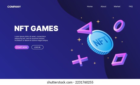 NFT Games. Fliegende Münze mit geometrischen Formen. P2E Crypto Games Landing Page Konzept. Vektorgrafik