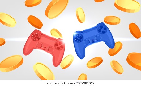 NFT Games. Game controller with Tokens crypto currency on white background.