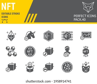 NFT glyph icon set, non fungible token collection, vector graphics, logo illustrations, NFT blockchain vector icons, cryptocurrency signs, solid pictograms, editable stroke