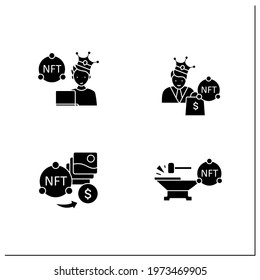 NFT glyph icons set.Minting. Non fungible tokens artist, buyer.Unique digital assets. Digitalization concept. Filled flat signs. Isolated silhouette vector illustrations