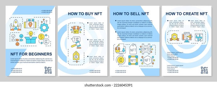 NFT guide for beginners blue brochure template. Crypto art. Leaflet design with linear icons. Editable 4 vector layouts for presentation, annual reports. Arial, Myriad Pro-Regular fonts used