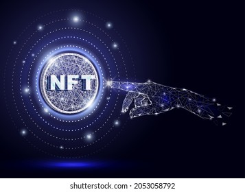 NFT hand touch, low poly wireframe mesh, vector polygonal art style illustration. Non fungible tokens, NFT crypto art, future technologies.