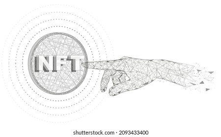 NFT hand touch, low poly wireframe mesh, vector polygonal art style illustration. Non fungible tokens, NFT crypto art.