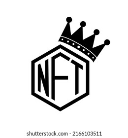 NFT icon with a crown, non fungible token symbol, black filled vector logo